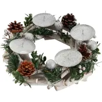 MCW Adventskrans -M12, adventsarrangement tafelkrans kerstdecoratie tafeldecoratie hout zilver wit Ø 30cm ~ zonder kaarsen