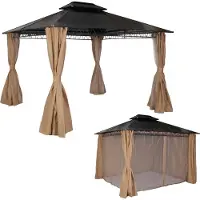 Mendler Hardtop pergola -M81, paviljoen, aluminium dakstutten 7cm stalen frame met zijwand en muggengaas 3,6x3m ~ crème