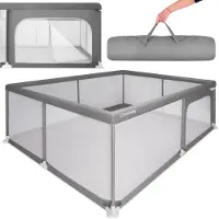 Sun baby Kinderbox 150x200 cm 0-2 jaar Grijs, polyester, netwanden, ingang met rits, antislipvoetjes, draagtas inbegrepen, metalen frame