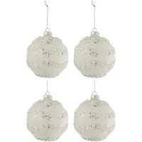 J-Line Doos van 4 kerstballen lijnen glitter+parels wit/zilver glas mat wit medium