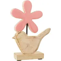 J-Line Vogel met bloem hout roze small