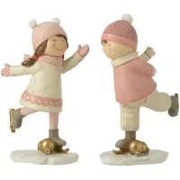 J-Line Ijsschaatsende jongen + meisje resine roze assortiment van 2