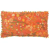 J-Line 41605 Kussen Rechthoek Bloemen+Pompoms Fluweel Oranje - 65 x 35 x 15 cm