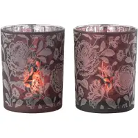 J-Line Windlicht bloemen glas mat paars mix/zilver medium assortiment van 2