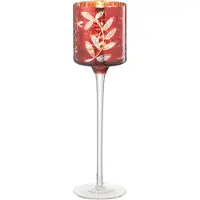 J-Line T-lichthouder op voet blaadjes glas rood/antiek goud small