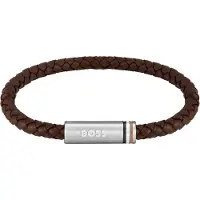 BOSS Gevlochten armband van bruin leer met magneetsluiting met logo