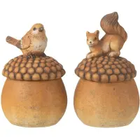 J-Line Vogel+eekhoorn op eikel porselein bruin small assortiment van 2