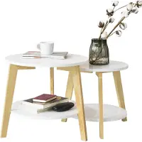 SoBuy FBT75-W Set Van 2 Salontafels - Rubberhout - Wit - 50x45 & 44x40 cm
