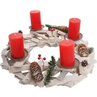 MCW Adventskrans rond, kerstdecoratie tafelkrans, hout Ø 40cm wit-grijs ~ met kaarsen, rood