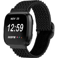 Strap-it Nylon Smartwatch bandje - Geschikt voor Fitbit Versa / Versa 2 elastisch bandje - zwart - Horlogeband / Polsband / Armband