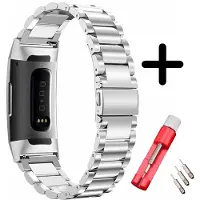 Strap-it Bandje staal zilver + toolkit geschikt voor Fitbit Charge 3 / 4