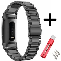 Strap-it Bandje staal zwart + toolkit geschikt voor Fitbit Charge 3 / 4