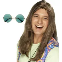 Smiffys Hippie Sixties verkleed set - Pruik lang haar bruin - bril ronde glazen groen - heren