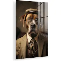 MuchoWow Glasschilderij 120x180 cm - Schilderij acrylglas - Vintage - Hond - Hoed - Pak - Bank - Bruin - Foto op glas - Muurdecoratie woonkamer - Wanddecoratie slaapkamer - Schilderijen