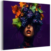 MuchoWow Aluminium schilderij 120x90 cm - Wanddecoratie metaal - Vrouw - Paars - Druiven - Metalen muurdecoratie woonkamer - Decoratie industrieel - Foto op dibond - Industriële accessoires slaapkamer