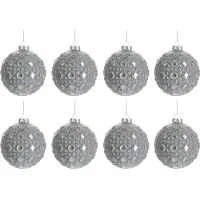 J-Line Doos van 8 kerstbal rond patroon glas antiek grijs small 8cm