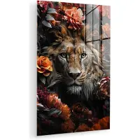 MuchoWow Glasschilderij 40x60 cm - Schilderij acrylglas - Leeuw - Dier - Natuur - Bloemen - Botanisch - Foto op glas - Muurdecoratie woonkamer - Wanddecoratie slaapkamer - Schilderijen