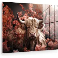MuchoWow Glasschilderij 40x30 cm - Schilderij acrylglas - Schotse hooglander - Dier - Natuur - Bloemen - Botanisch - Foto op glas - Muurdecoratie woonkamer - Wanddecoratie slaapkamer - Schilderijen