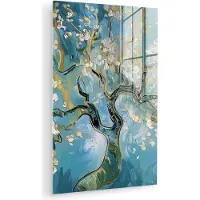 MuchoWow Glasschilderij 120x180 cm - Schilderij acrylglas - Amandelbloesem boom - Blauw - Abstract - Foto op glas - Muurdecoratie woonkamer - Wanddecoratie slaapkamer - Schilderijen