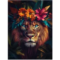 PosterMonkey Poster 30x40 cm - Leeuw - Bloemen - Bladeren - Dieren - Kleurrijk - Posters - Kamer decoratie - Wanddecoratie woonkamer - Muurdecoratie slaapkamer