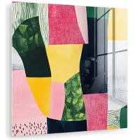 MuchoWow Glasschilderij 20x20 cm - Schilderij acrylglas - Abstract - Roze - Lappen - Vormen - Geel - Foto op glas - Muurdecoratie woonkamer - Wanddecoratie slaapkamer - Schilderijen