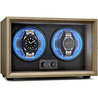 Klarstein Brienz 2 Horlogewinder – Stille horlogewinder voor 2 horloges in houtlook met 4 rotatiestanden en ledverlichting, traagschuimkussens en USB-aansluiting.
