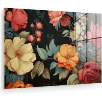 MuchoWow Glasschilderij 180x120 cm - Schilderij acrylglas - Vintage - Bloemen - Natuur - Zwart - Kleuren - Foto op glas - Muurdecoratie woonkamer - Wanddecoratie slaapkamer - Schilderijen