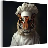 MuchoWow Aluminium schilderij 160x120 cm - Wanddecoratie metaal - Tijger - Kokskleding - Bruin - Metalen muurdecoratie woonkamer - Decoratie industrieel - Foto op dibond - Industriële accessoires slaapkamer