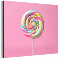 MuchoWow Aluminium schilderij 80x60 cm - Wanddecoratie metaal - Lolly - Roze - Snoep - Zoet - Metalen muurdecoratie woonkamer - Decoratie industrieel - Foto op dibond - Industriële accessoires slaapkamer
