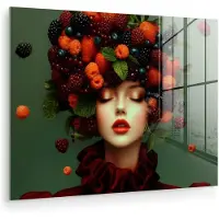 MuchoWow Glasschilderij 160x120 cm - Schilderij acrylglas - Vrouw - Aardbeien - Frambozen - Bramen - Bessen - Foto op glas - Muurdecoratie woonkamer - Wanddecoratie slaapkamer - Schilderijen