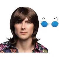 Boland Hippie Sixties verkleedset - Pruik lang haar bruin - bril blauw ronde glazen - heren - Flower Power look
