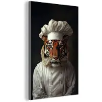 MuchoWow Aluminium schilderij 120x180 cm - Wanddecoratie metaal - Tijger - Kokskleding - Bruin - Metalen muurdecoratie woonkamer - Decoratie industrieel - Foto op dibond - Industriële accessoires slaapkamer