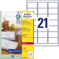 Avery Zweckform adresetiketten LR7160-100, geschikt voor laserprinters, 63,5 x 38,1 mm, 2100 stuks/100 A4-vellen, Blauer Engel, gerecycled papier, natuurlijk wit