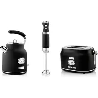 WESTINGHOUSE Retro ontbijtset, broodrooster met 2 sleuven, elektrische waterkoker, staafmixer, Staafmixer, Zwart
