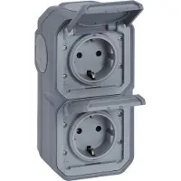 Legrand Stopcontacten, Plexo NEW APWG 069744L Schuko wandcontactdoos IP44 grijs 2-voudig verticaal.