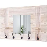 MCW Wandkapstok -C89 met spiegel, kapstokpaneel, shabby-look vintage, 5 haken 90x60cm ~ naturelbruin