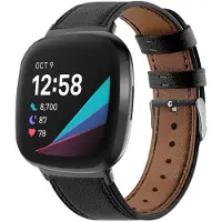 Strap-it Smartwatch bandje leer - leren bandje geschikt voor Fitbit Versa 3 / Fitbit Sense - strak zwart