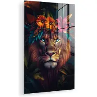 MuchoWow Glasschilderij 120x180 cm - Schilderij acrylglas - Leeuw - Bloemen - Bladeren - Dieren - Kleurrijk - Foto op glas - Muurdecoratie woonkamer - Wanddecoratie slaapkamer - Schilderijen