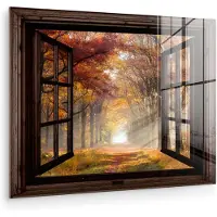 MuchoWow Glasschilderij 160x120 cm - Schilderij acrylglas - Herfst - Bos - Bomen - Natuur - Doorkijk - Foto op glas - Muurdecoratie woonkamer - Wanddecoratie slaapkamer - Schilderijen