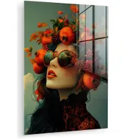 MuchoWow Glasschilderij 120x160 cm - Schilderij acrylglas - Vrouw - Granaatappel - Herfst - Zonnebril - Foto op glas - Muurdecoratie woonkamer - Wanddecoratie slaapkamer - Schilderijen