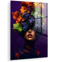 MuchoWow Glasschilderij 120x160 cm - Schilderij acrylglas - Vrouw - Paars - Druiven - Foto op glas - Muurdecoratie woonkamer - Wanddecoratie slaapkamer - Schilderijen