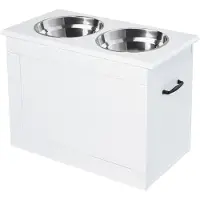 PawHut Paws Hondenvoerbak met opbergruimte 2 bakken, voerstation, etensbak voor katten, MDF roestvrij staal