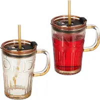 Relaxdays drinkglazen met handvat - set van 2 - rietje - deksel - 450 ml - limonadeglazen- lichtbruin
