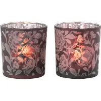 J-Line T-lichthouder bloemen glas mat paars mix/zilver small assortiment van 2
