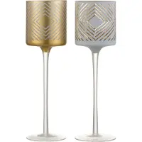 J-Line Theelichthouder op voet ruit glas wit/goud large assortiment van 2