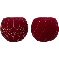 J-Line Windlicht lijnen/geruit fluweel rood/goud assortiment van 2