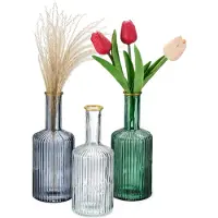 Relaxdays glazen vazen - set van 3 - smalle hals - 20,5 x 8 cm - gegroefd design - vintage