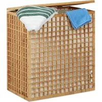 Relaxdays bamboe wasmand - 2 vakken - 96 l - uitneembare waszak