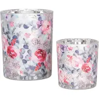 Clayre & Eef Theelichthouder Set van 2 Ø 7x8 / 10x13 cm Grijs Glas Bloemen