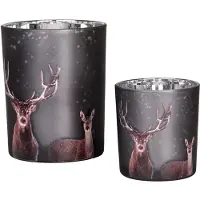Clayre & Eef Theelichthouder Set van 2 Ø 7x8 / 10x13 cm Grijs Glas Hert
